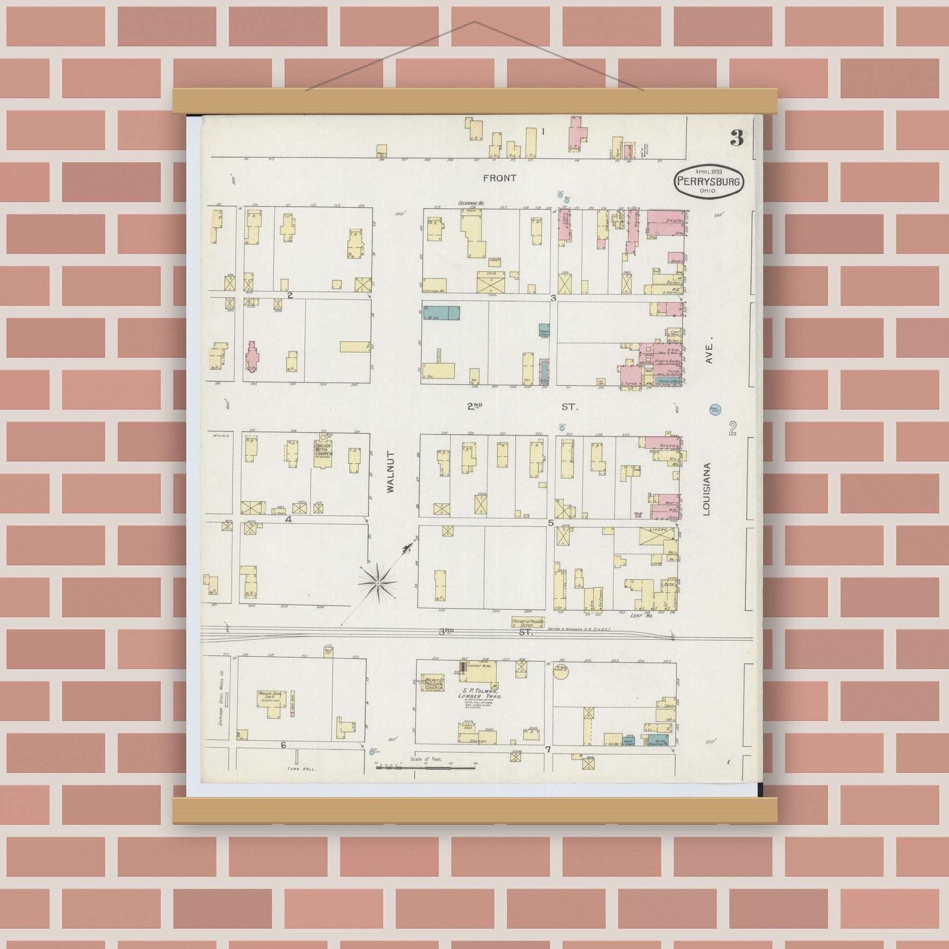 Old map wall art mockup — magnetic wood frame on brick wall — Sanborn Fire Insurance Map from Perrysburg, Wood County, Ohio (1893), Sheet #0003