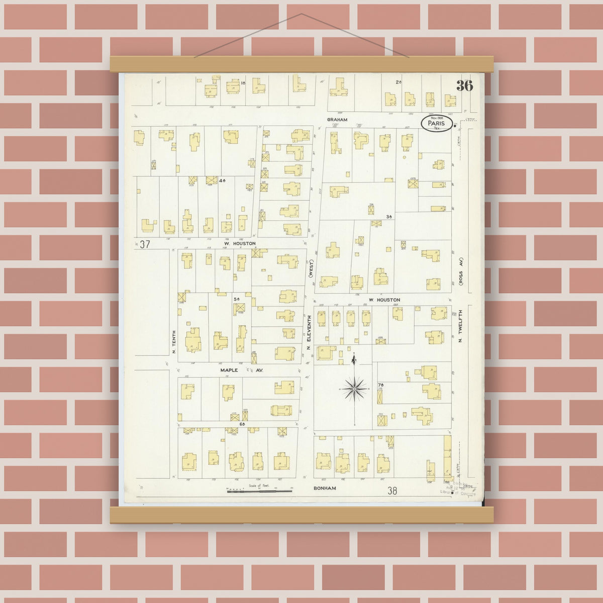 Old map wall art mockup — magnetic wood frame on brick wall — Sanborn Fire Insurance Map from Paris, Lamar County, Texas (1908), Sheet #0036