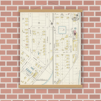Old map wall art mockup — magnetic wood frame on brick wall — Sanborn Fire Insurance Map from Janesville, Rock County, Wisconsin (1915), Sheet #0021
