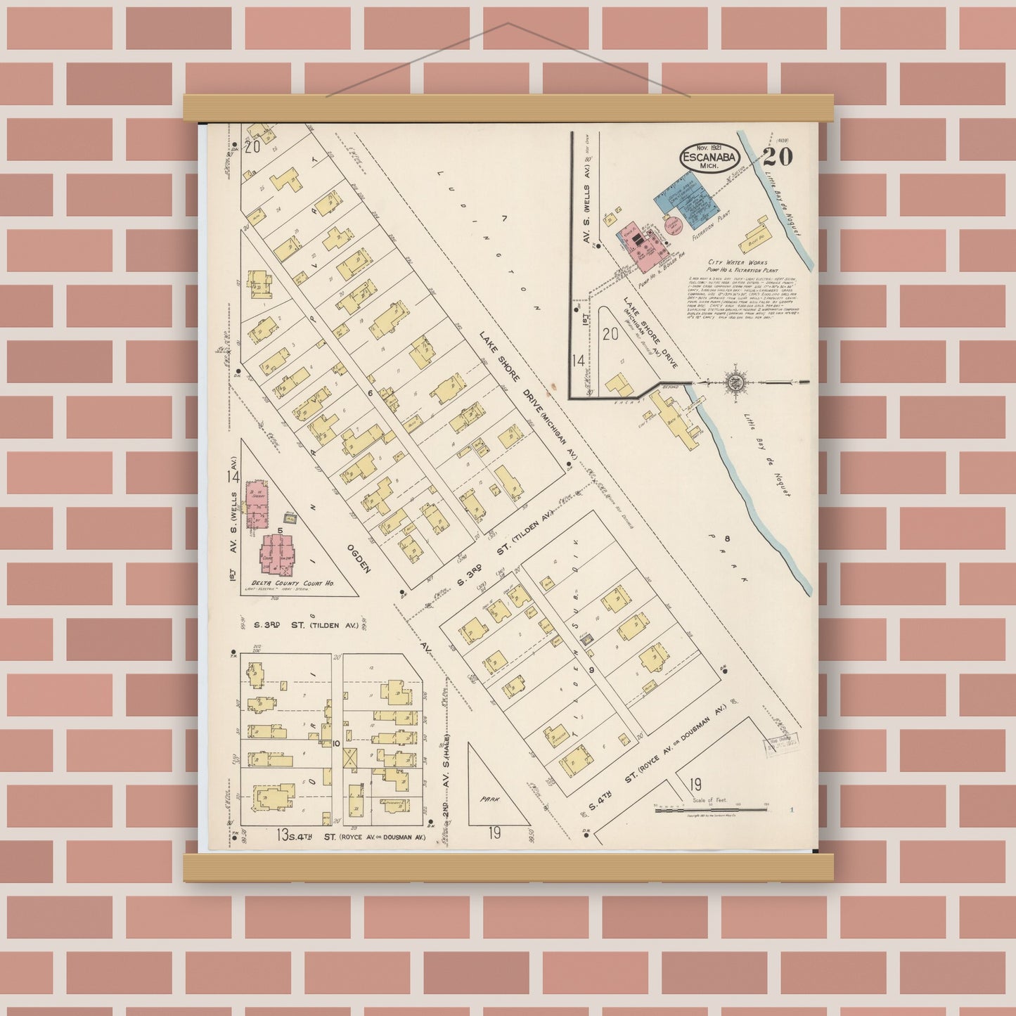 Old map wall art mockup — magnetic wood frame on brick wall — Sanborn Fire Insurance Map from Escanaba, Delta County, Michigan (1921), Sheet #0020