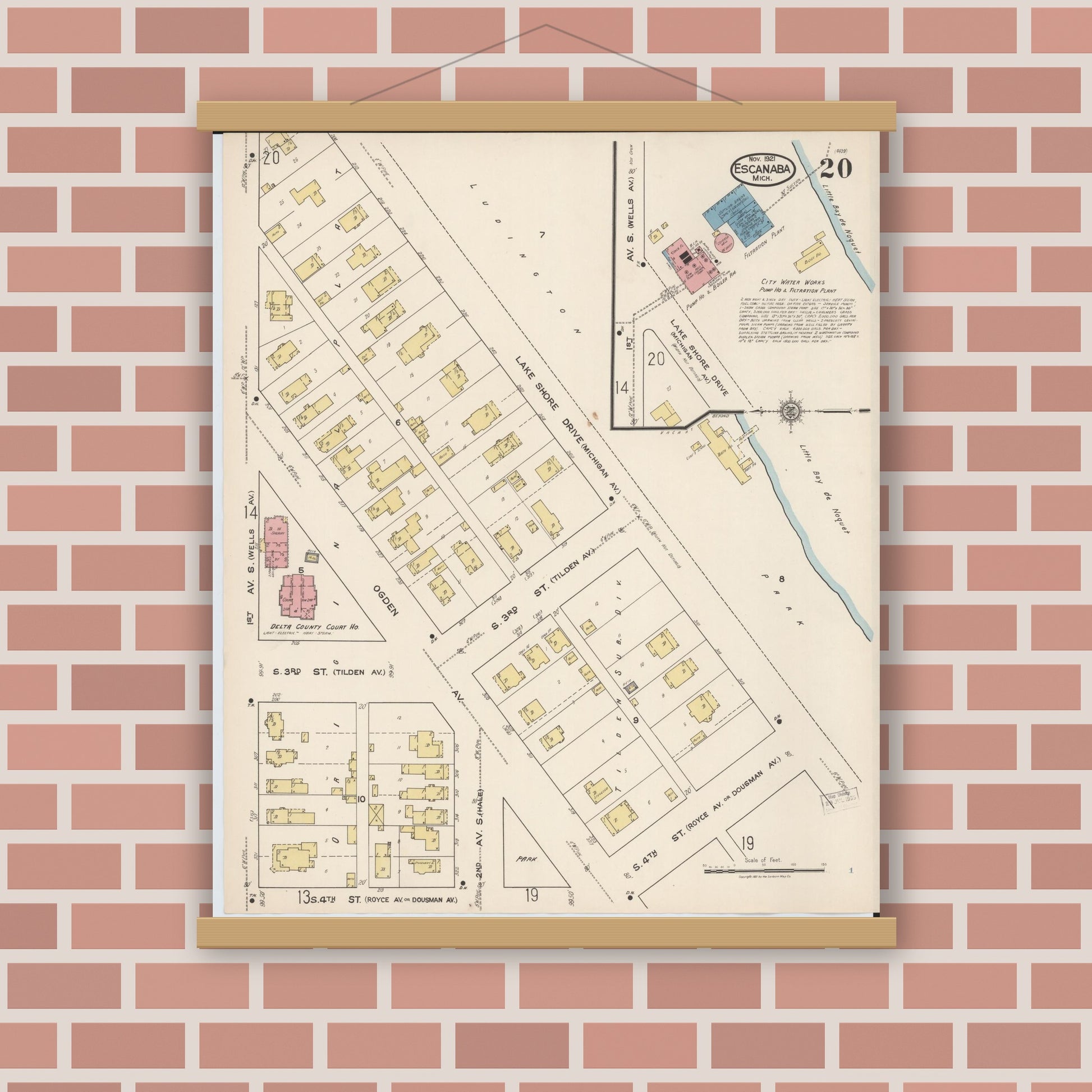Old map wall art mockup — magnetic wood frame on brick wall — Sanborn Fire Insurance Map from Escanaba, Delta County, Michigan (1921), Sheet #0020