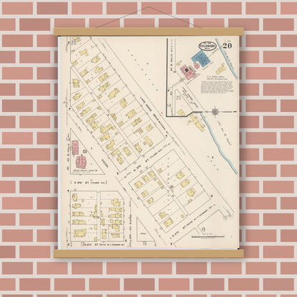 Old map wall art mockup — magnetic wood frame on brick wall — Sanborn Fire Insurance Map from Escanaba, Delta County, Michigan (1921), Sheet #0020