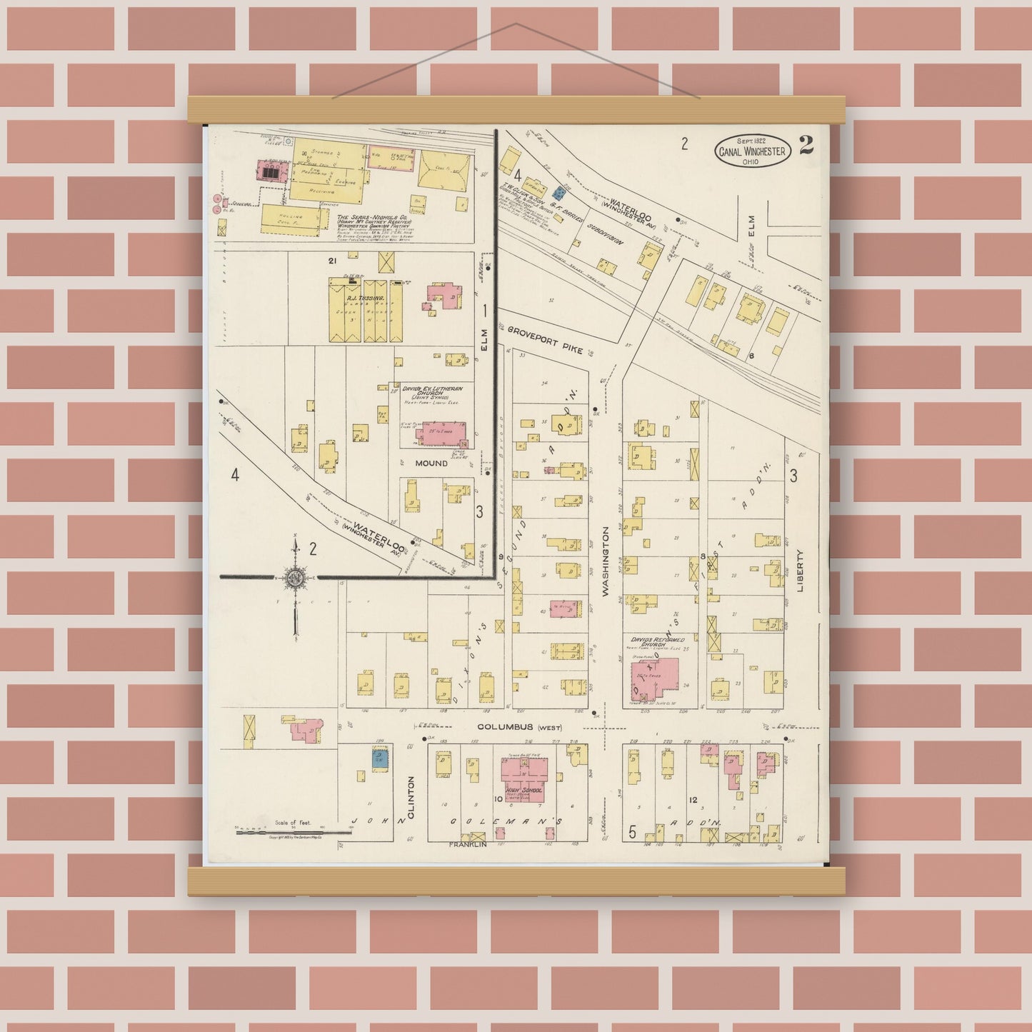 Old map wall art mockup — magnetic wood frame on brick wall — Sanborn Fire Insurance Map from Canal Winchester, Franklin County, Ohio (1922), Sheet #0002
