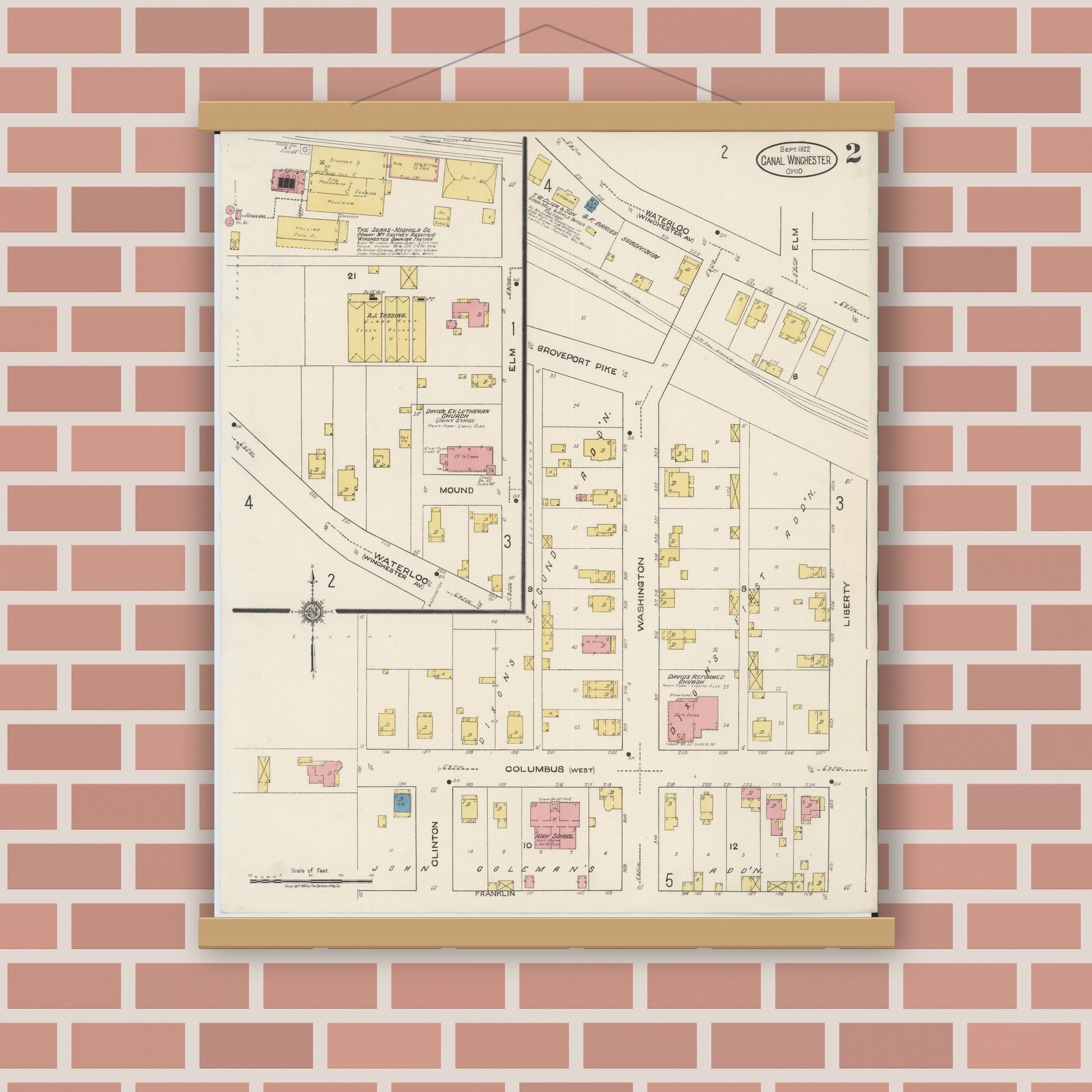 Old map wall art mockup — magnetic wood frame on brick wall — Sanborn Fire Insurance Map from Canal Winchester, Franklin County, Ohio (1922), Sheet #0002