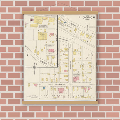 Old map wall art mockup — magnetic wood frame on brick wall — Sanborn Fire Insurance Map from Canal Winchester, Franklin County, Ohio (1922), Sheet #0002