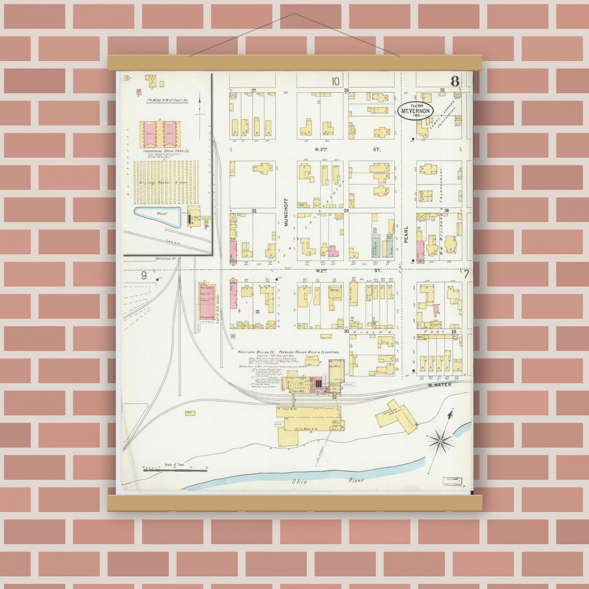 Old map wall art mockup — magnetic wood frame on brick wall — Sanborn Fire Insurance Map from Mount Vernon, Posey County, Indiana (1899), Sheet #0008