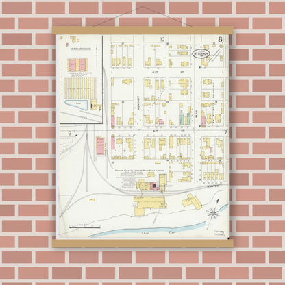 Old map wall art mockup — magnetic wood frame on brick wall — Sanborn Fire Insurance Map from Mount Vernon, Posey County, Indiana (1899), Sheet #0008