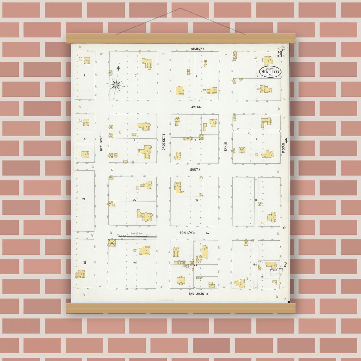 Old map wall art mockup — magnetic wood frame on brick wall — Sanborn Fire Insurance Map from Henrietta, Clay County, Texas (1902), Sheet #0003