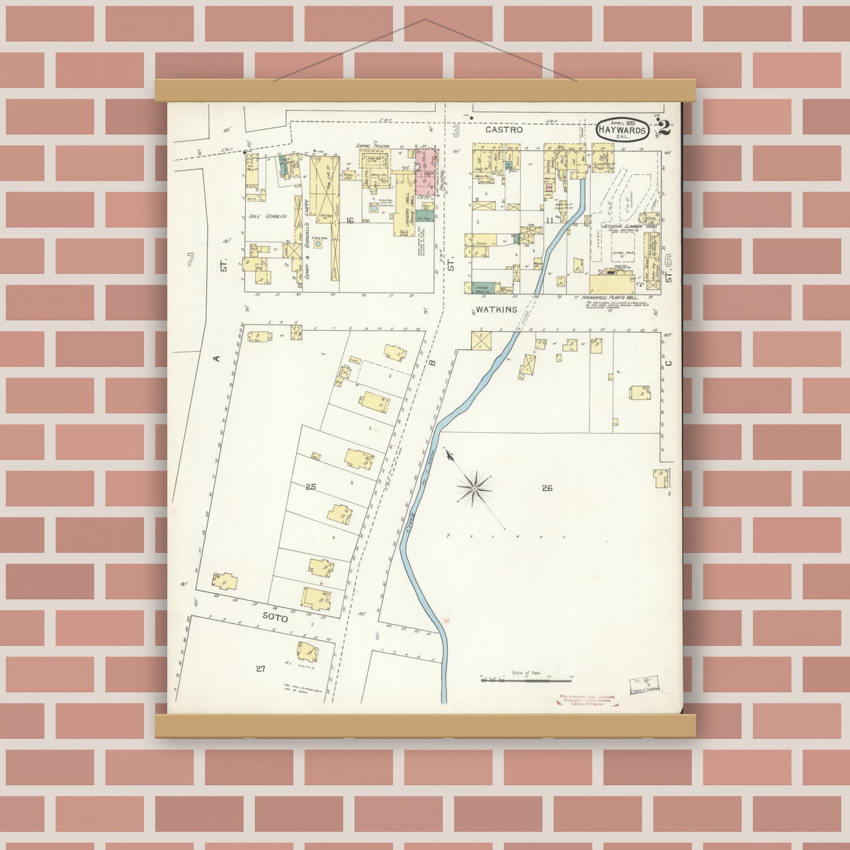Old map wall art mockup — magnetic wood frame on brick wall — Sanborn Fire Insurance Map from Hayward, Alameda County, California (1893), Sheet #0002