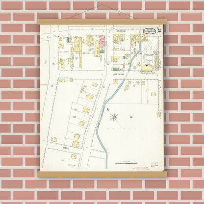 Old map wall art mockup — magnetic wood frame on brick wall — Sanborn Fire Insurance Map from Hayward, Alameda County, California (1893), Sheet #0002