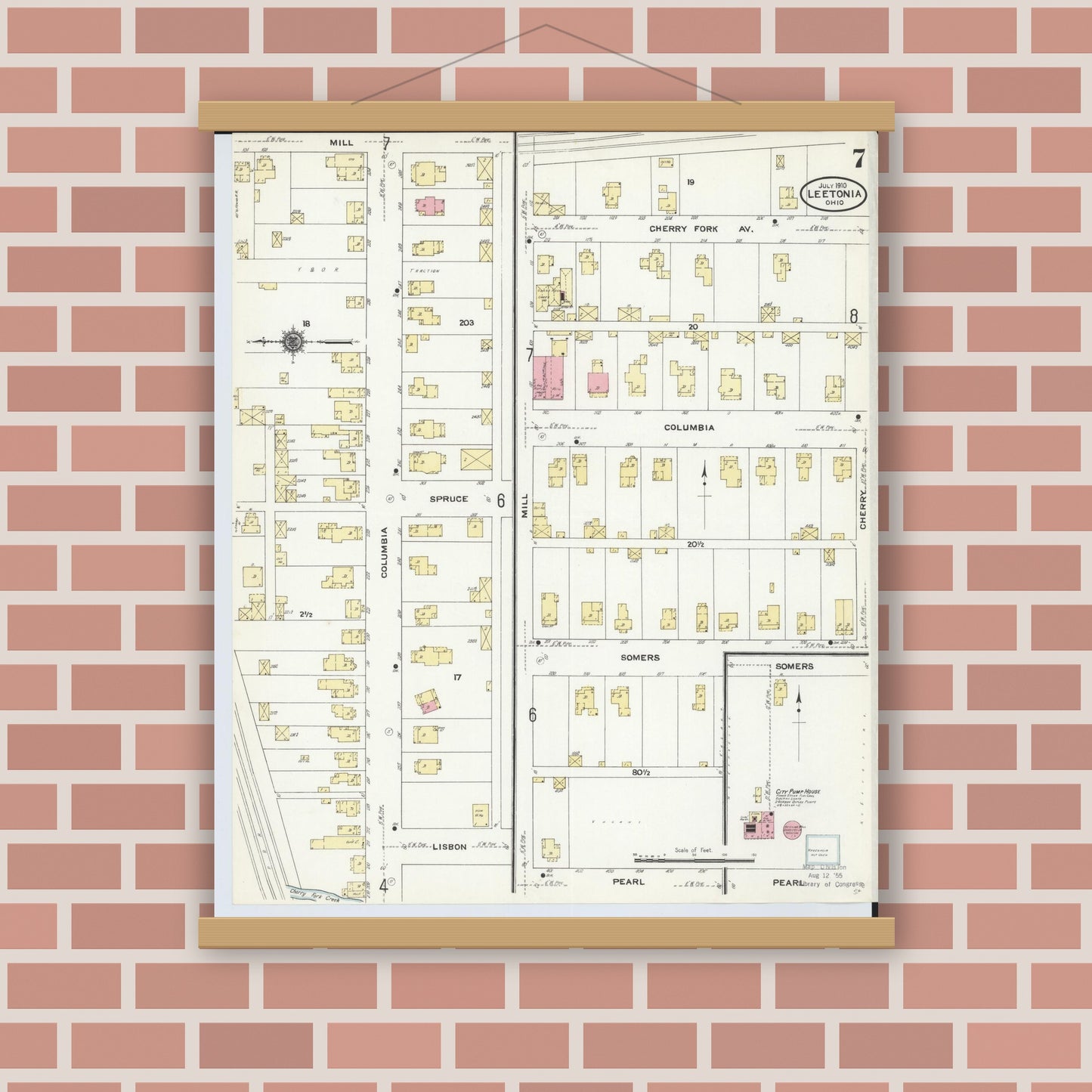 Old map wall art mockup — magnetic wood frame on brick wall — Sanborn Fire Insurance Map from Leetonia, Columbiana County, Ohio (1910), Sheet #0007