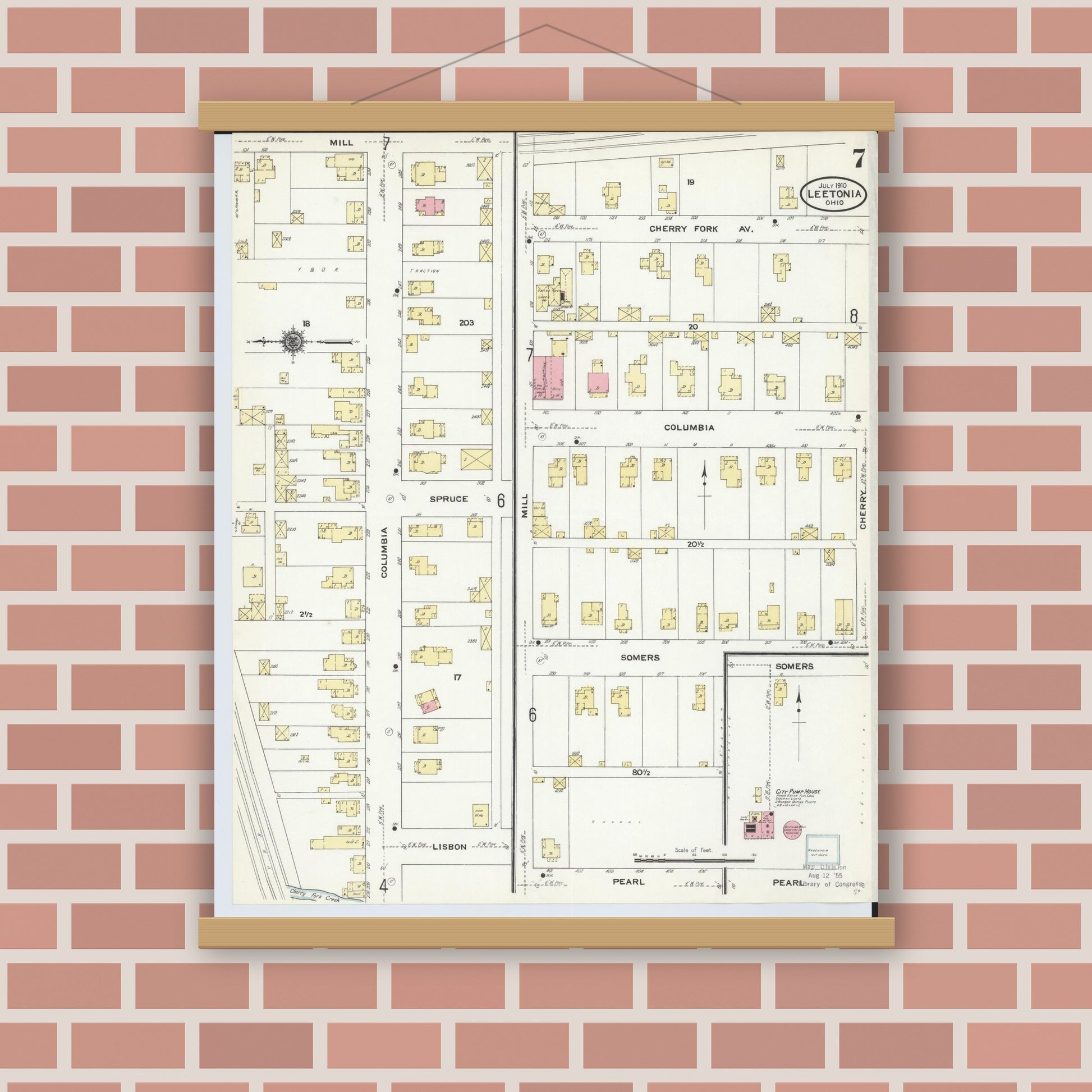 Old map wall art mockup — magnetic wood frame on brick wall — Sanborn Fire Insurance Map from Leetonia, Columbiana County, Ohio (1910), Sheet #0007