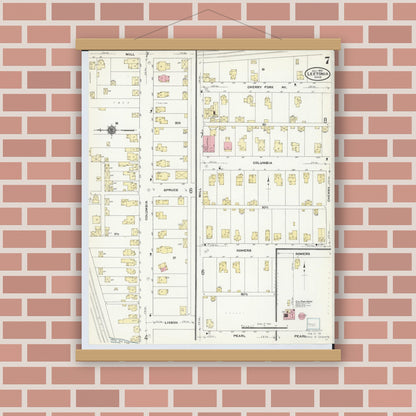 Old map wall art mockup — magnetic wood frame on brick wall — Sanborn Fire Insurance Map from Leetonia, Columbiana County, Ohio (1910), Sheet #0007