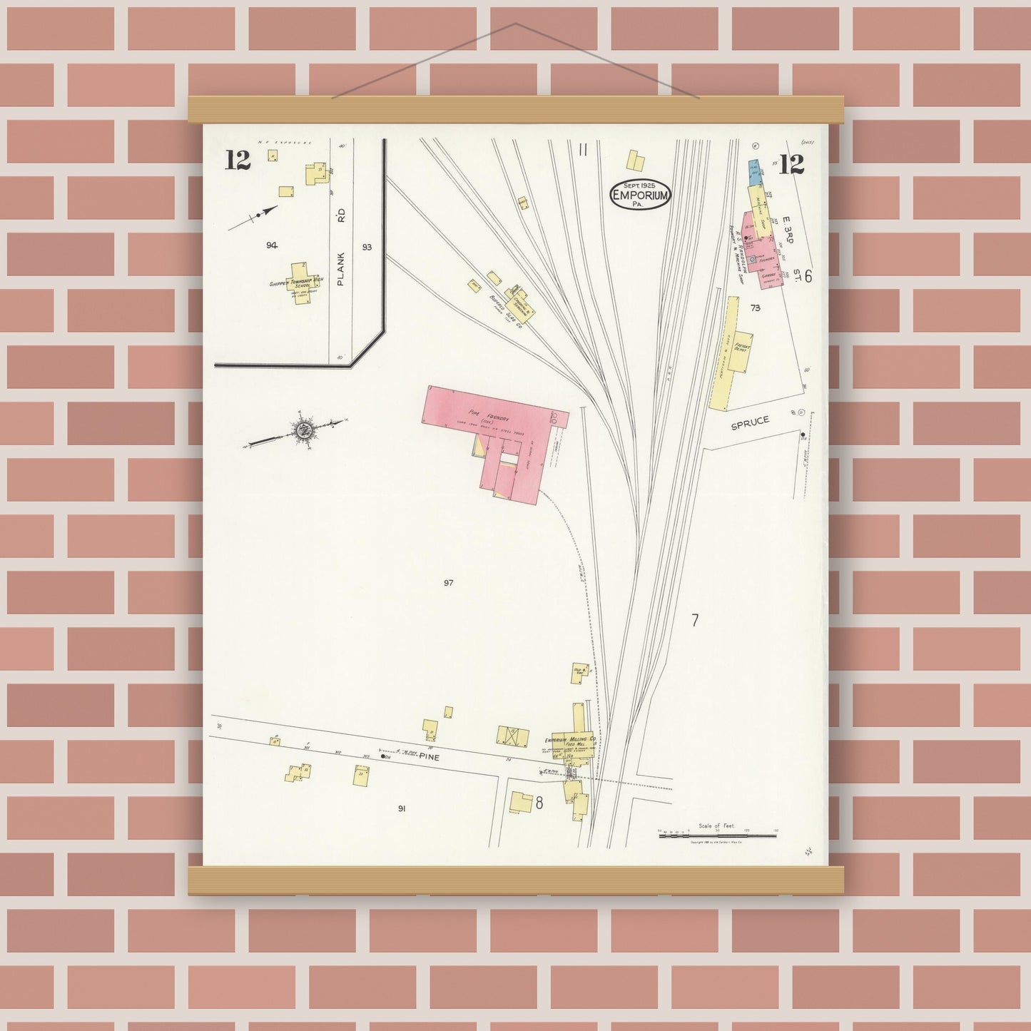 Old map wall art mockup — magnetic wood frame on brick wall — Sanborn Fire Insurance Map from Emporium, Cameron County, Pennsylvania (1925), Sheet #0012