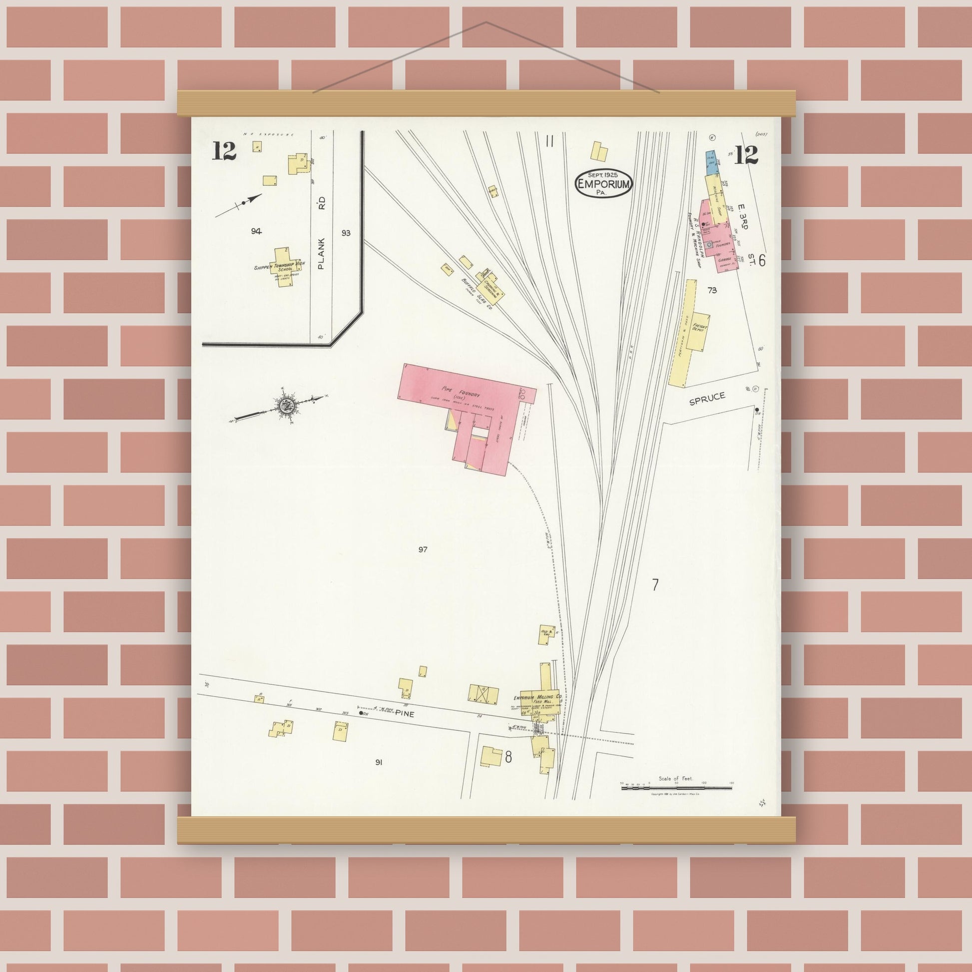 Old map wall art mockup — magnetic wood frame on brick wall — Sanborn Fire Insurance Map from Emporium, Cameron County, Pennsylvania (1925), Sheet #0012