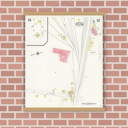 Old map wall art mockup — magnetic wood frame on brick wall — Sanborn Fire Insurance Map from Emporium, Cameron County, Pennsylvania (1925), Sheet #0012
