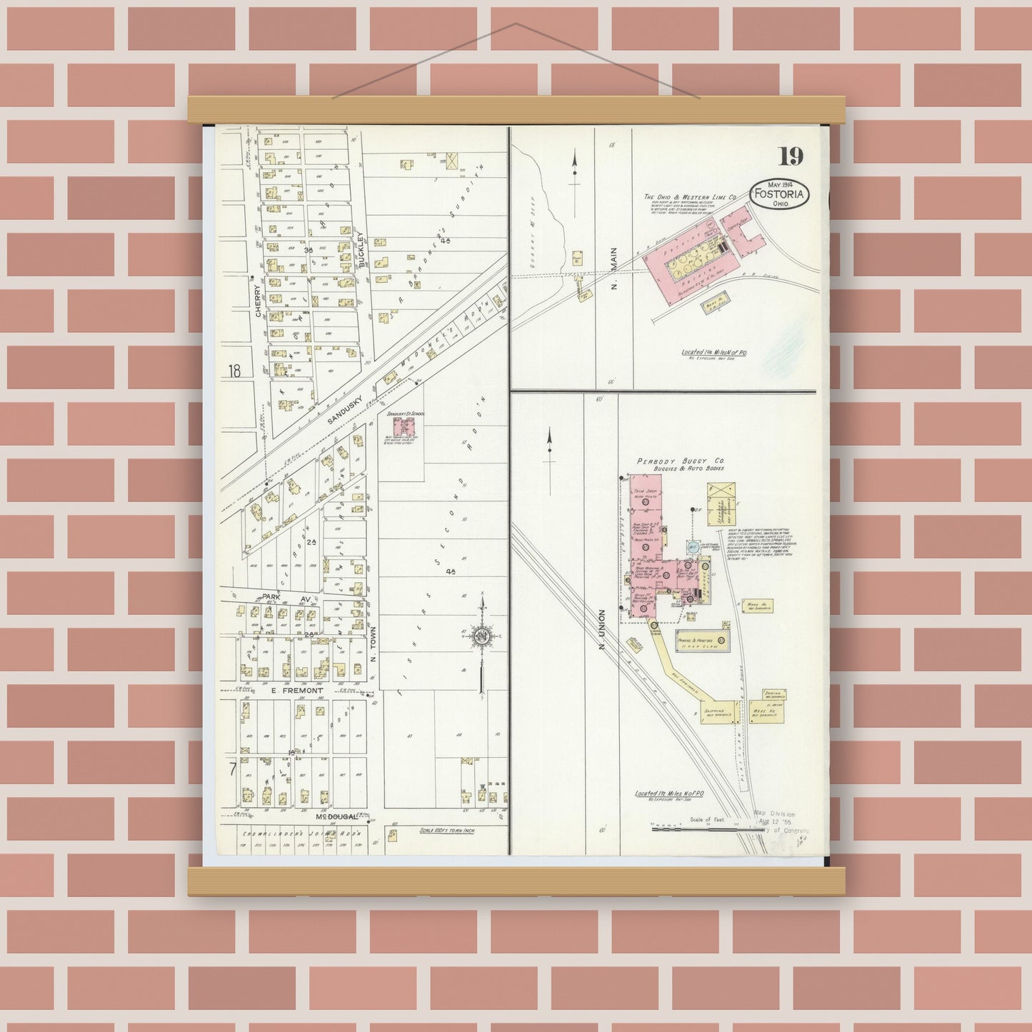 Old map wall art mockup — magnetic wood frame on brick wall — Sanborn Fire Insurance Map from Fostoria, Seneca, Hancock, And Wood Counties, Ohio (1914), Sheet #0019