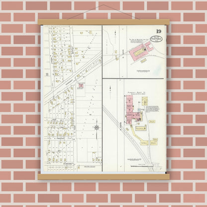 Old map wall art mockup — magnetic wood frame on brick wall — Sanborn Fire Insurance Map from Fostoria, Seneca, Hancock, And Wood Counties, Ohio (1914), Sheet #0019