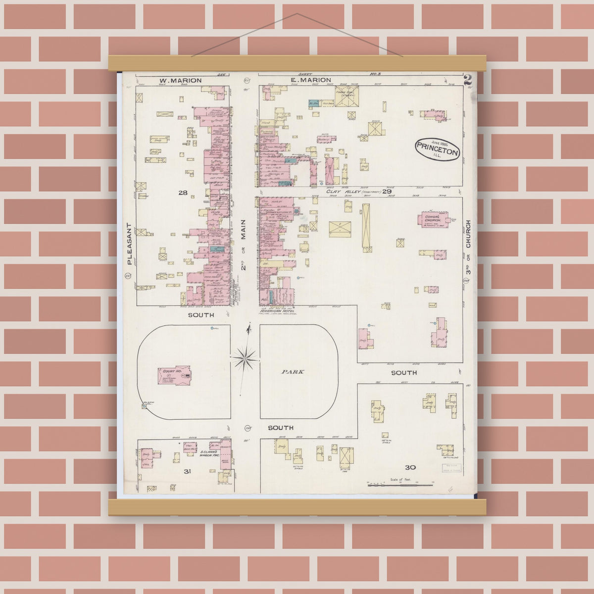 Old map wall art mockup — magnetic wood frame on brick wall — Sanborn Fire Insurance Map from Princeton, Bureau County, Illinois (1885), Sheet #0002