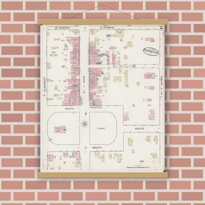 Old map wall art mockup — magnetic wood frame on brick wall — Sanborn Fire Insurance Map from Princeton, Bureau County, Illinois (1885), Sheet #0002