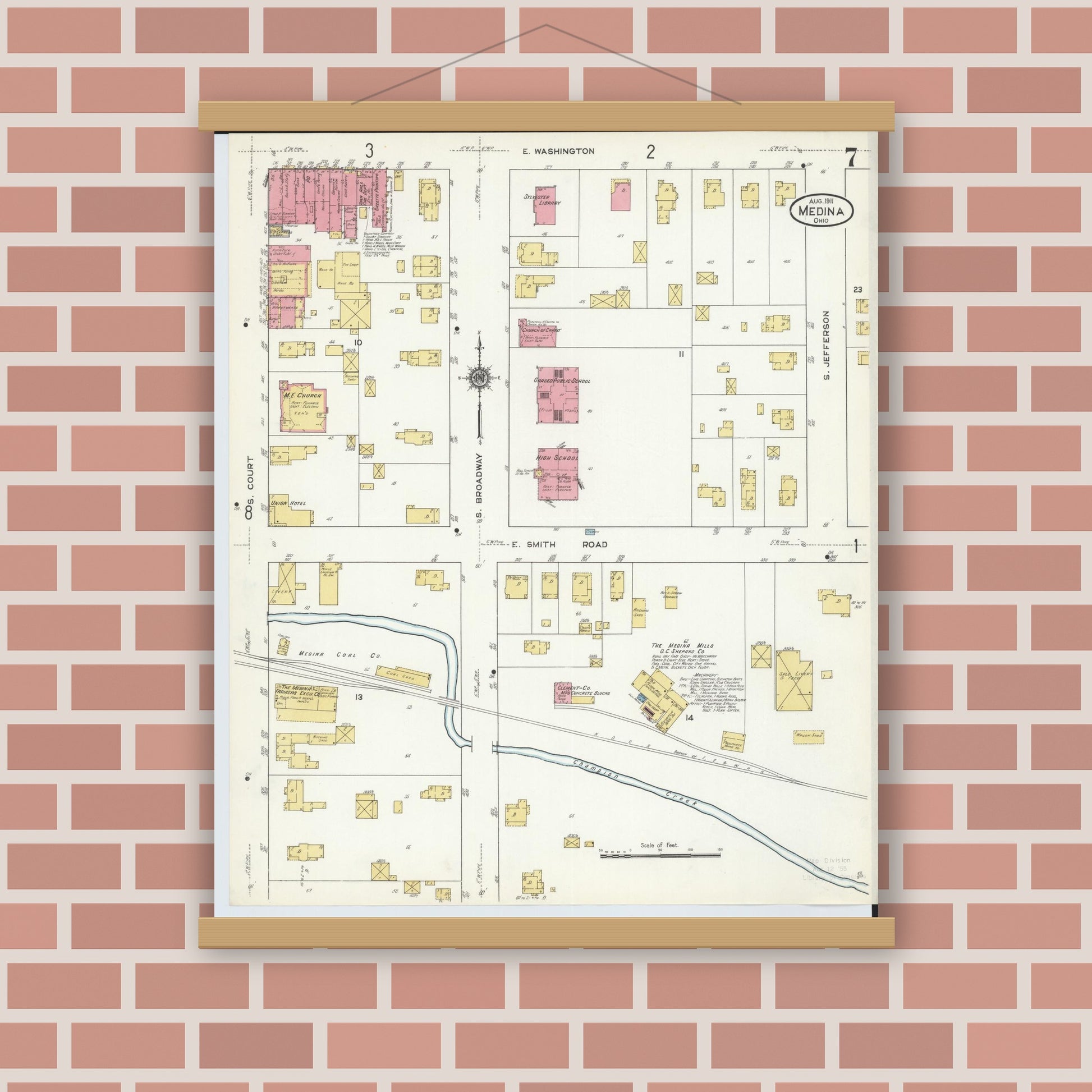 Old map wall art mockup — magnetic wood frame on brick wall — Sanborn Fire Insurance Map from Medina, Medina County, Ohio (1911), Sheet #0007