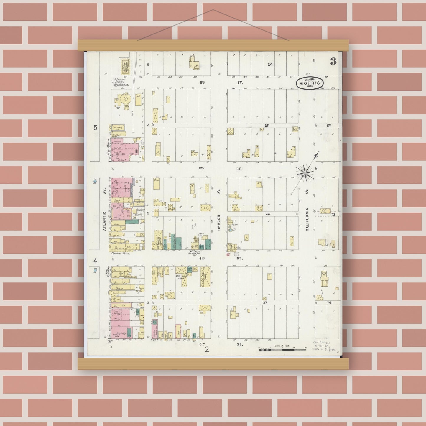Old map wall art mockup — magnetic wood frame on brick wall — Sanborn Fire Insurance Map from Morris, Stevens County, Minnesota (1896), Sheet #0003