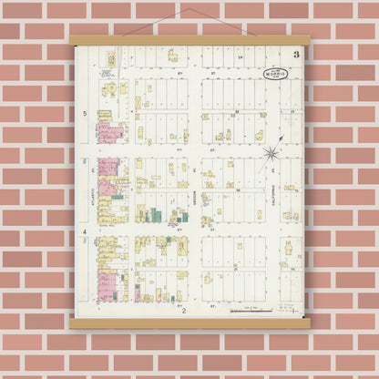 Old map wall art mockup — magnetic wood frame on brick wall — Sanborn Fire Insurance Map from Morris, Stevens County, Minnesota (1896), Sheet #0003