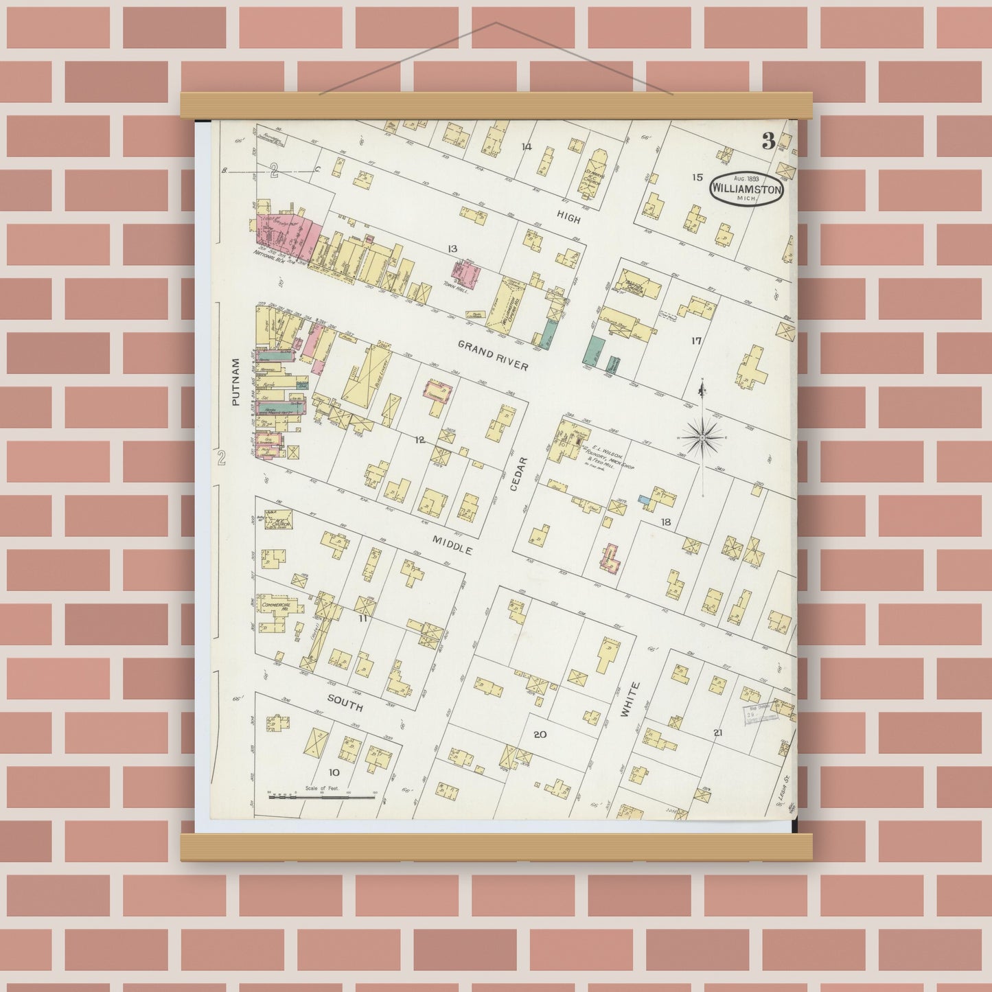 Old map wall art mockup — magnetic wood frame on brick wall — Sanborn Fire Insurance Map from Williamston, Ingham County, Michigan (1893), Sheet #0003