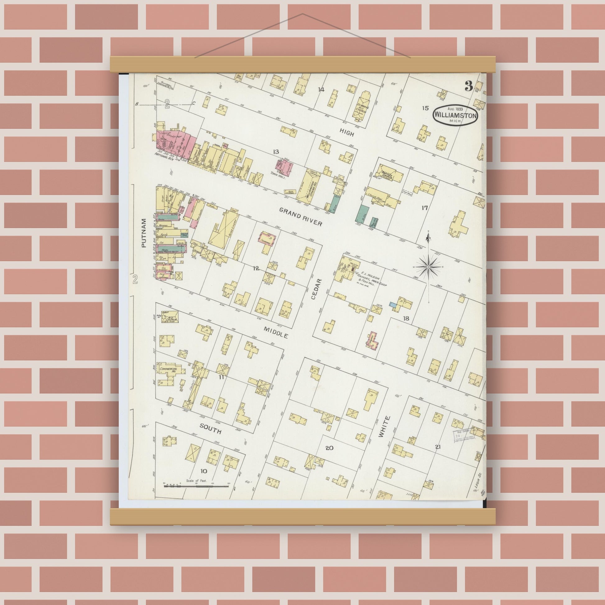 Old map wall art mockup — magnetic wood frame on brick wall — Sanborn Fire Insurance Map from Williamston, Ingham County, Michigan (1893), Sheet #0003