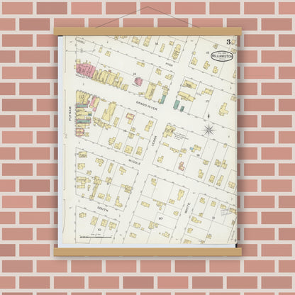 Old map wall art mockup — magnetic wood frame on brick wall — Sanborn Fire Insurance Map from Williamston, Ingham County, Michigan (1893), Sheet #0003