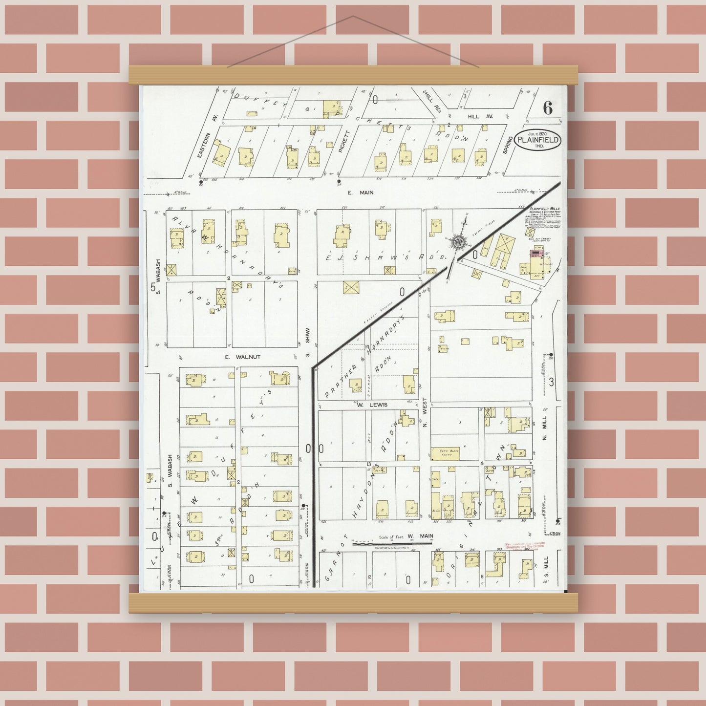 Old map wall art mockup — magnetic wood frame on brick wall — Sanborn Fire Insurance Map from Plainfield, Hendricks County, Indiana (1920), Sheet #0006