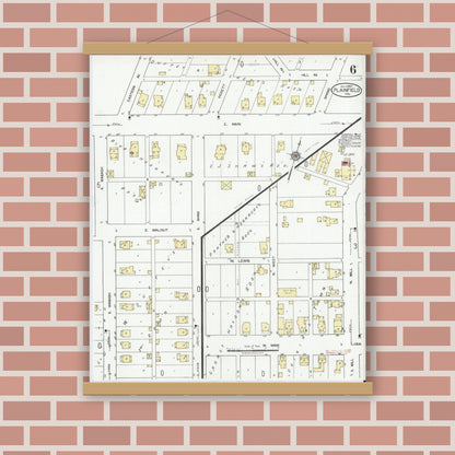 Old map wall art mockup — magnetic wood frame on brick wall — Sanborn Fire Insurance Map from Plainfield, Hendricks County, Indiana (1920), Sheet #0006