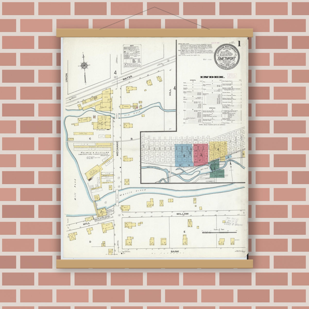 Old map wall art mockup — magnetic wood frame on brick wall — Sanborn Fire Insurance Map from Smethport, McKean County, Pennsylvania (1909) - Complete Map Set