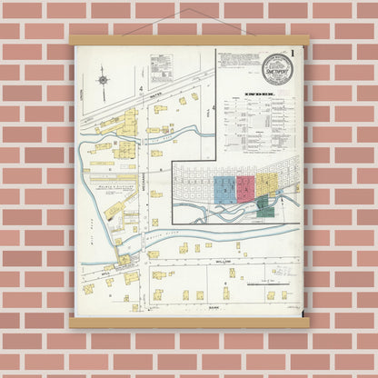 Old map wall art mockup — magnetic wood frame on brick wall — Sanborn Fire Insurance Map from Smethport, McKean County, Pennsylvania (1909) - Complete Map Set