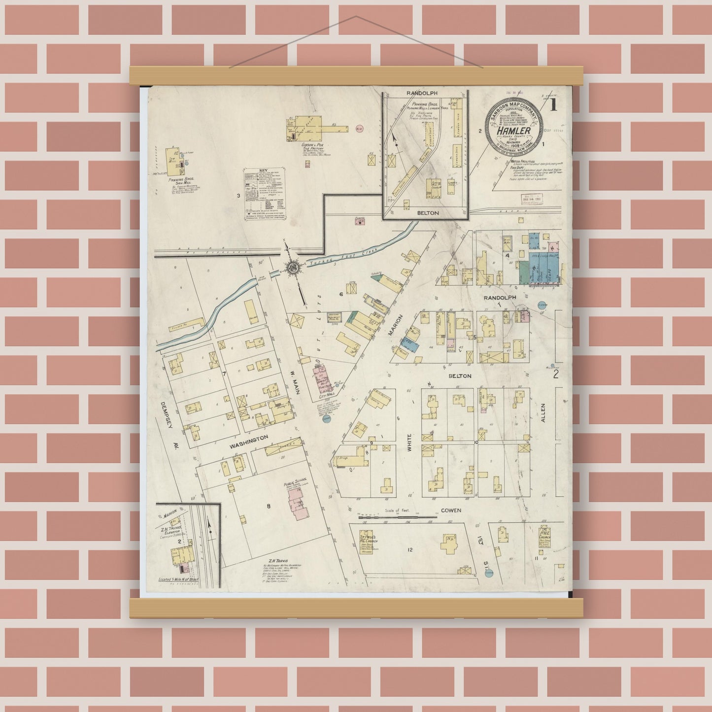 Old map wall art mockup — magnetic wood frame on brick wall — Sanborn Fire Insurance Map from Hamler, Henry County, Ohio (1909), Sheet #0001