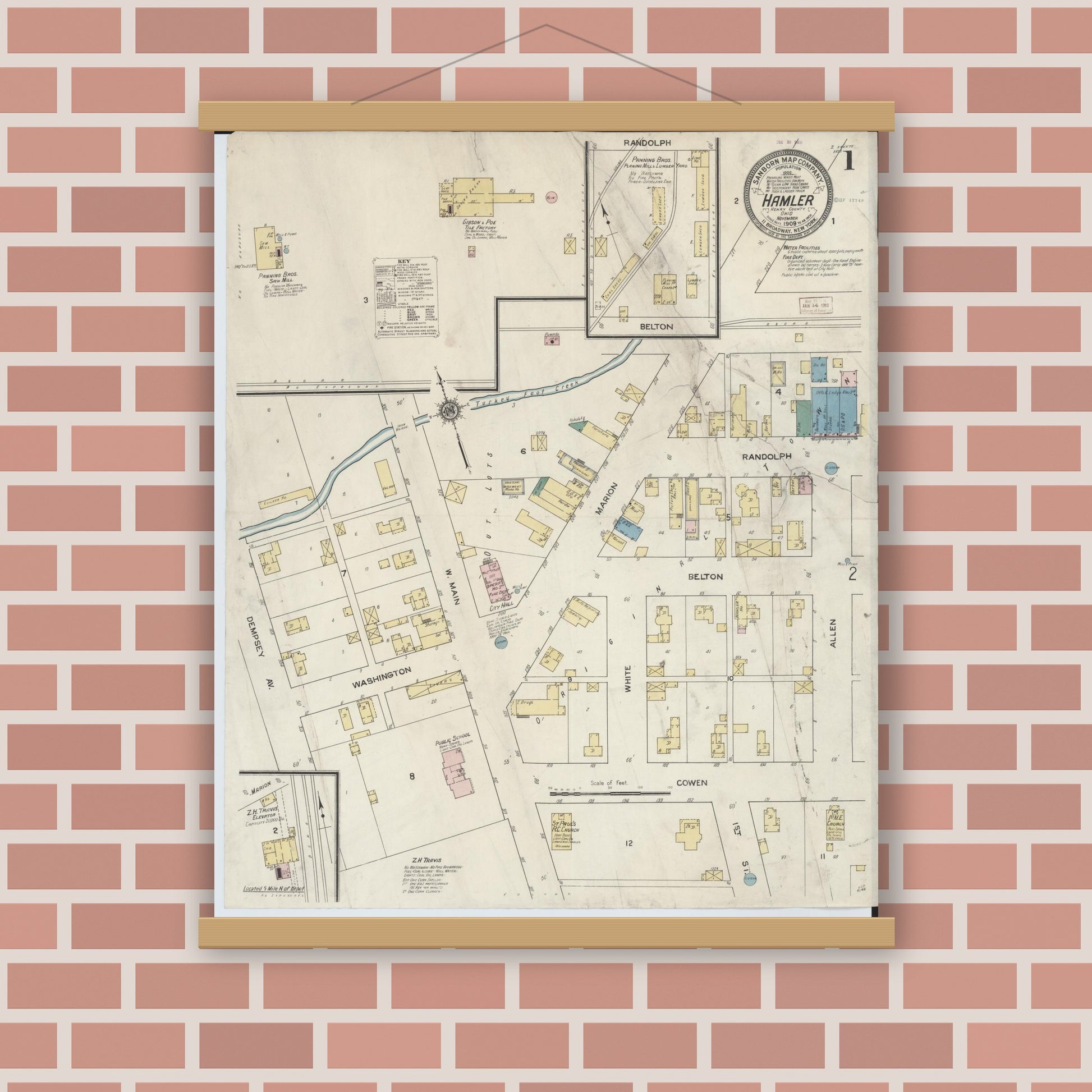 Old map wall art mockup — magnetic wood frame on brick wall — Sanborn Fire Insurance Map from Hamler, Henry County, Ohio (1909), Sheet #0001