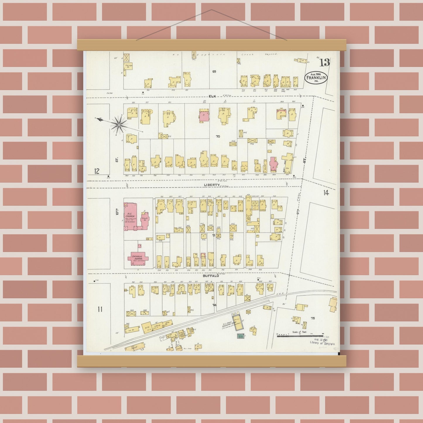 Old map wall art mockup — magnetic wood frame on brick wall — Sanborn Fire Insurance Map from Franklin, Venango County, Pennsylvania (1906), Sheet #0013
