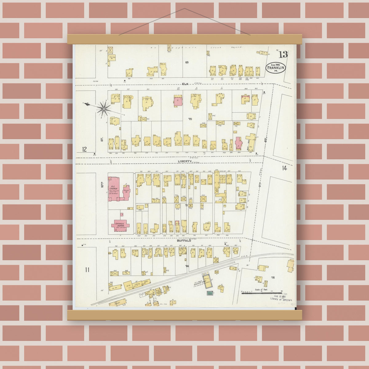 Old map wall art mockup — magnetic wood frame on brick wall — Sanborn Fire Insurance Map from Franklin, Venango County, Pennsylvania (1906), Sheet #0013