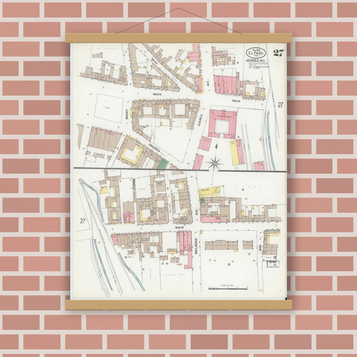 Old map wall art mockup — magnetic wood frame on brick wall — Sanborn Fire Insurance Map from El Paso, El Paso County, Texas (1902), Sheet #0027