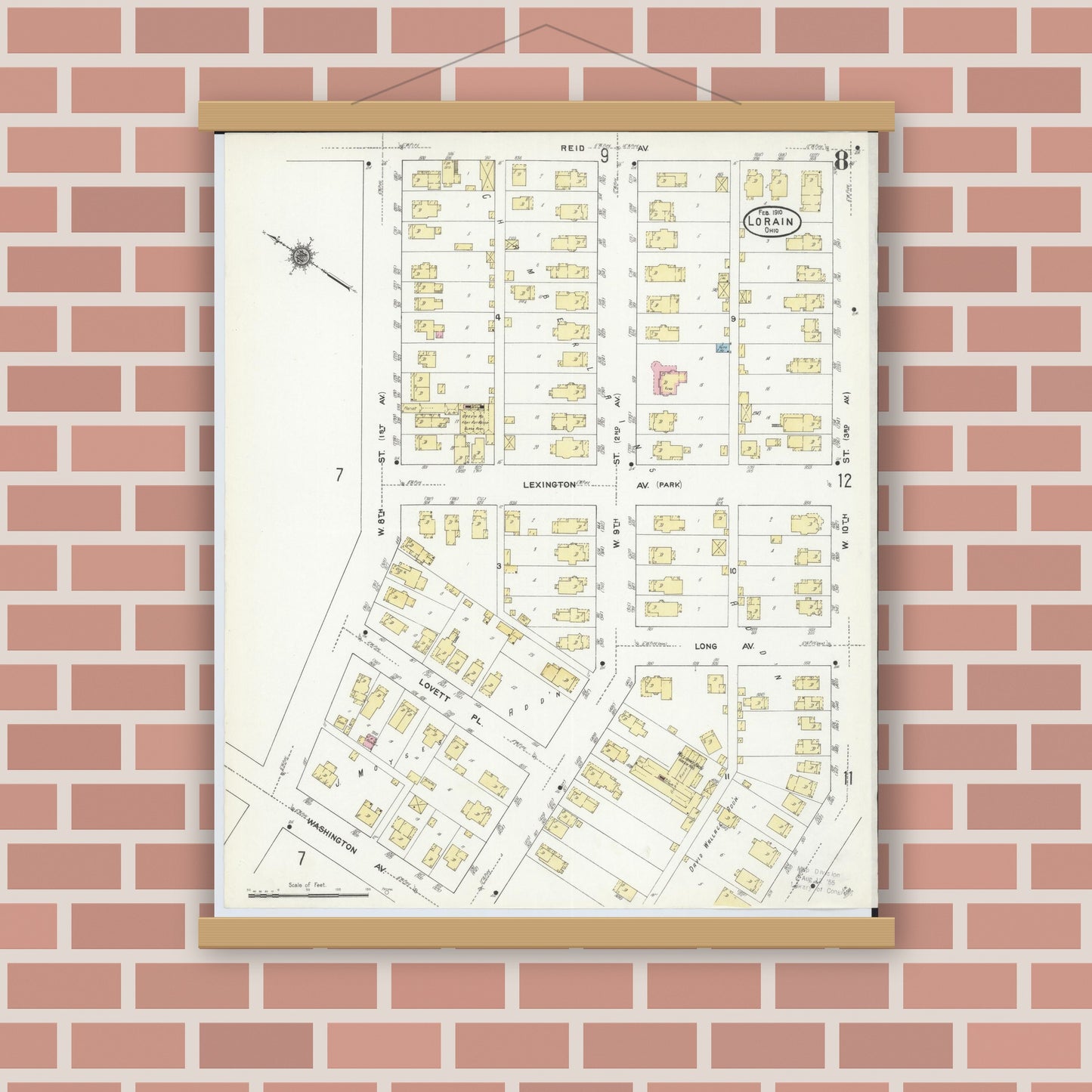 Old map wall art mockup — magnetic wood frame on brick wall — Sanborn Fire Insurance Map from Lorain, Lorain County, Ohio (1910), Sheet #0008