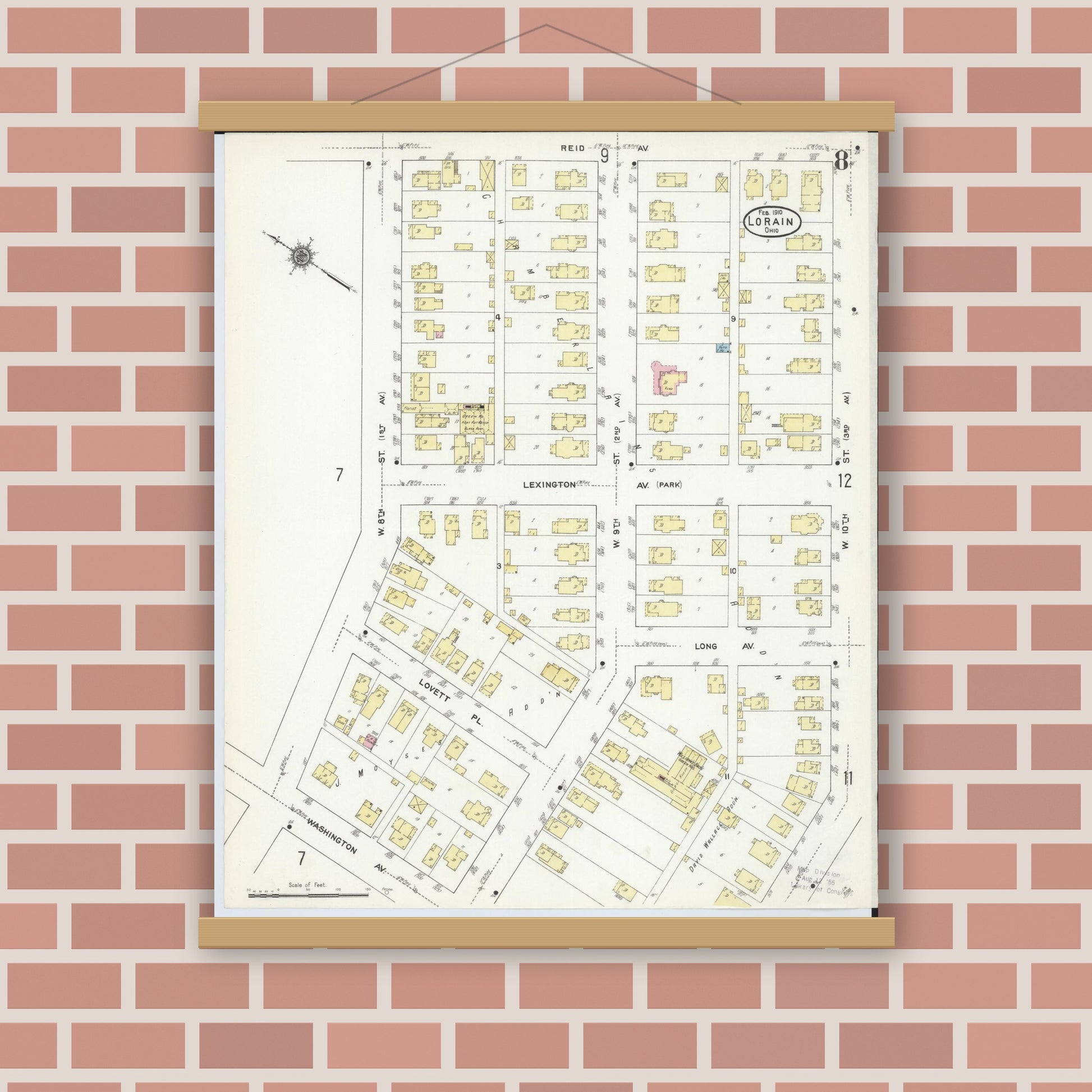 Old map wall art mockup — magnetic wood frame on brick wall — Sanborn Fire Insurance Map from Lorain, Lorain County, Ohio (1910), Sheet #0008