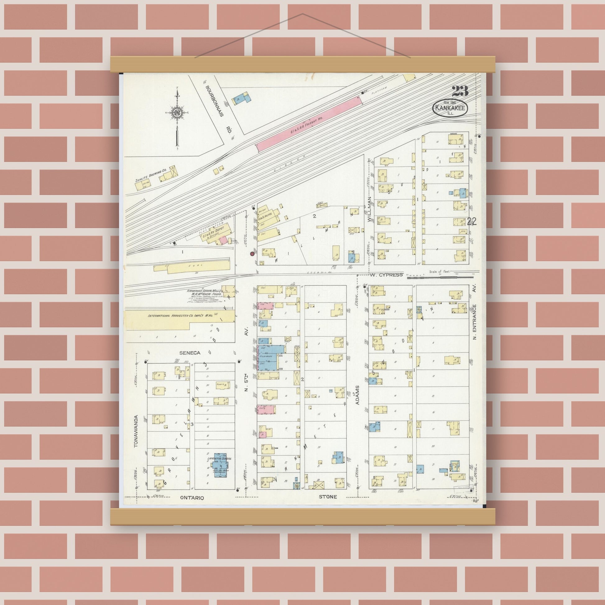 Old map wall art mockup — magnetic wood frame on brick wall — Sanborn Fire Insurance Map from Kankakee, Kankakee County, Illinois (1914), Sheet #0023
