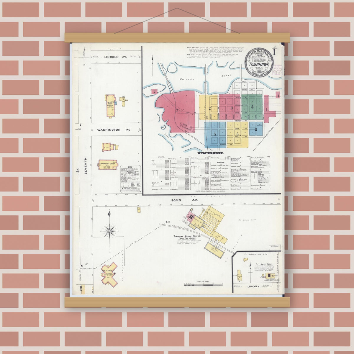 Old map wall art mockup — magnetic wood frame on brick wall — Sanborn Fire Insurance Map from Tomahawk, Lincoln County, Wisconsin (1908) - Complete Map Set