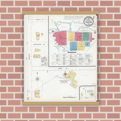 Old map wall art mockup — magnetic wood frame on brick wall — Sanborn Fire Insurance Map from Tomahawk, Lincoln County, Wisconsin (1908) - Complete Map Set