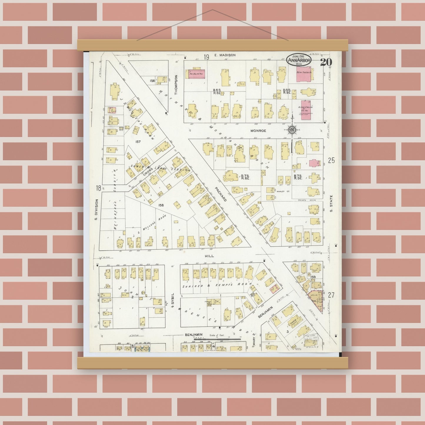 Old map wall art mockup — magnetic wood frame on brick wall — Sanborn Fire Insurance Map from Ann Arbor, Washtenaw County, Michigan (1916), Sheet #0020