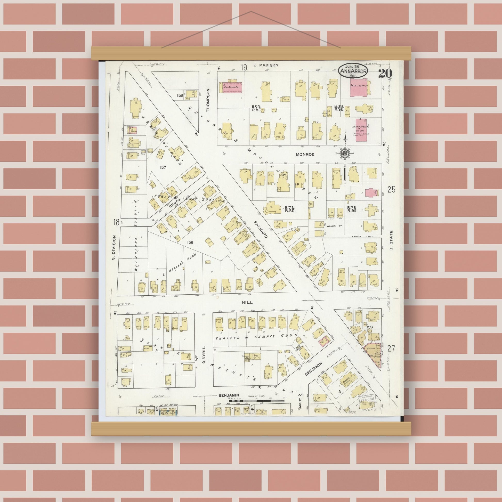Old map wall art mockup — magnetic wood frame on brick wall — Sanborn Fire Insurance Map from Ann Arbor, Washtenaw County, Michigan (1916), Sheet #0020
