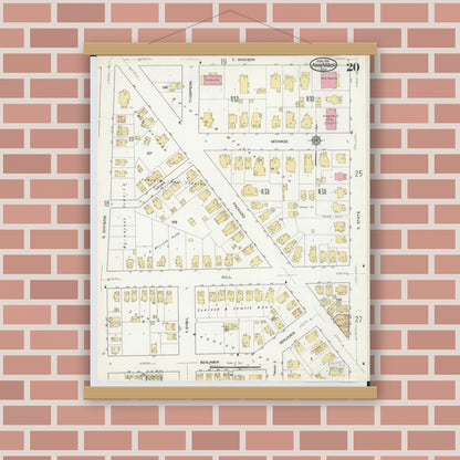 Old map wall art mockup — magnetic wood frame on brick wall — Sanborn Fire Insurance Map from Ann Arbor, Washtenaw County, Michigan (1916), Sheet #0020