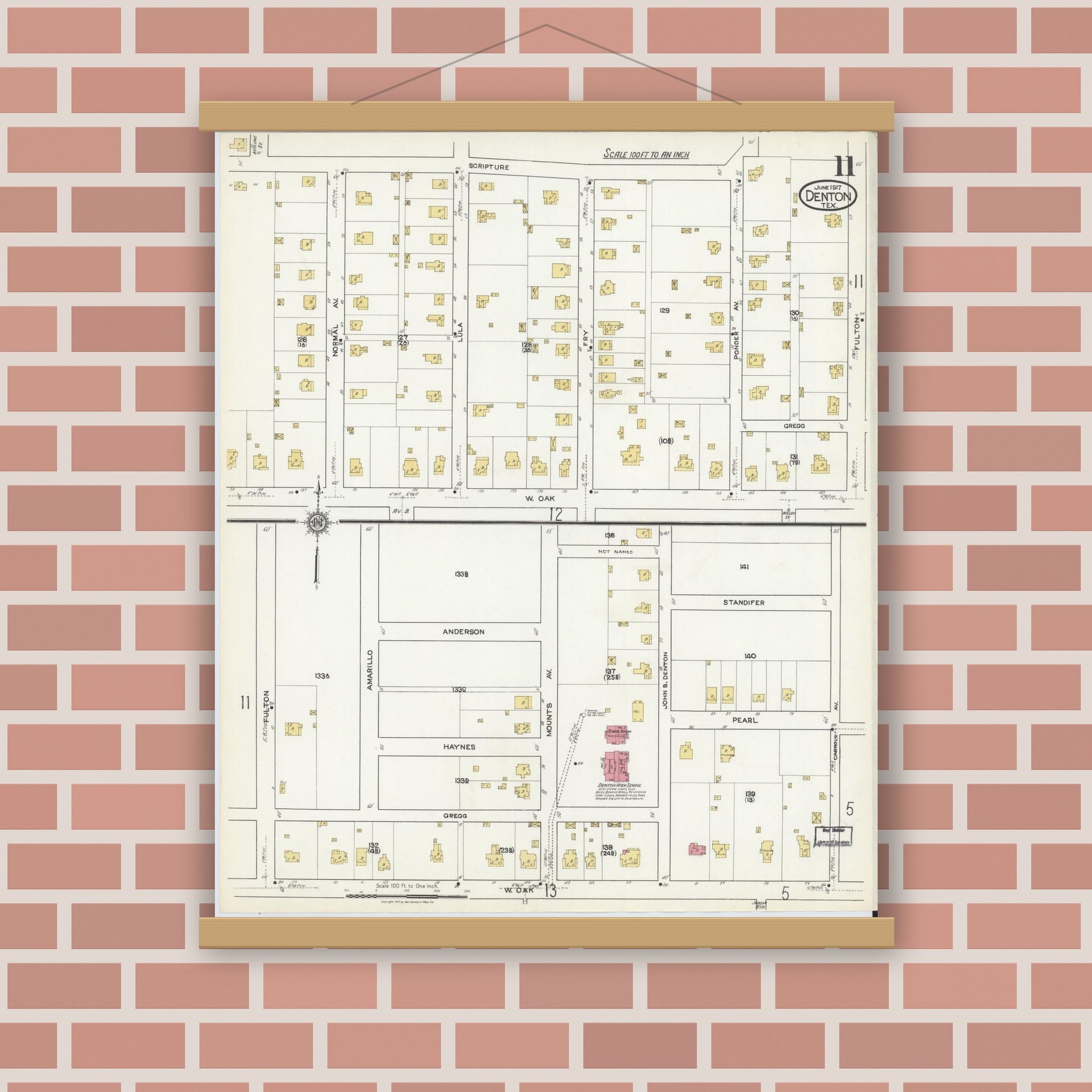 Old map wall art mockup — magnetic wood frame on brick wall — Sanborn Fire Insurance Map from Denton, Denton County, Texas (1917), Sheet #0011
