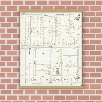 Old map wall art mockup — magnetic wood frame on brick wall — Sanborn Fire Insurance Map from Denton, Denton County, Texas (1917), Sheet #0011