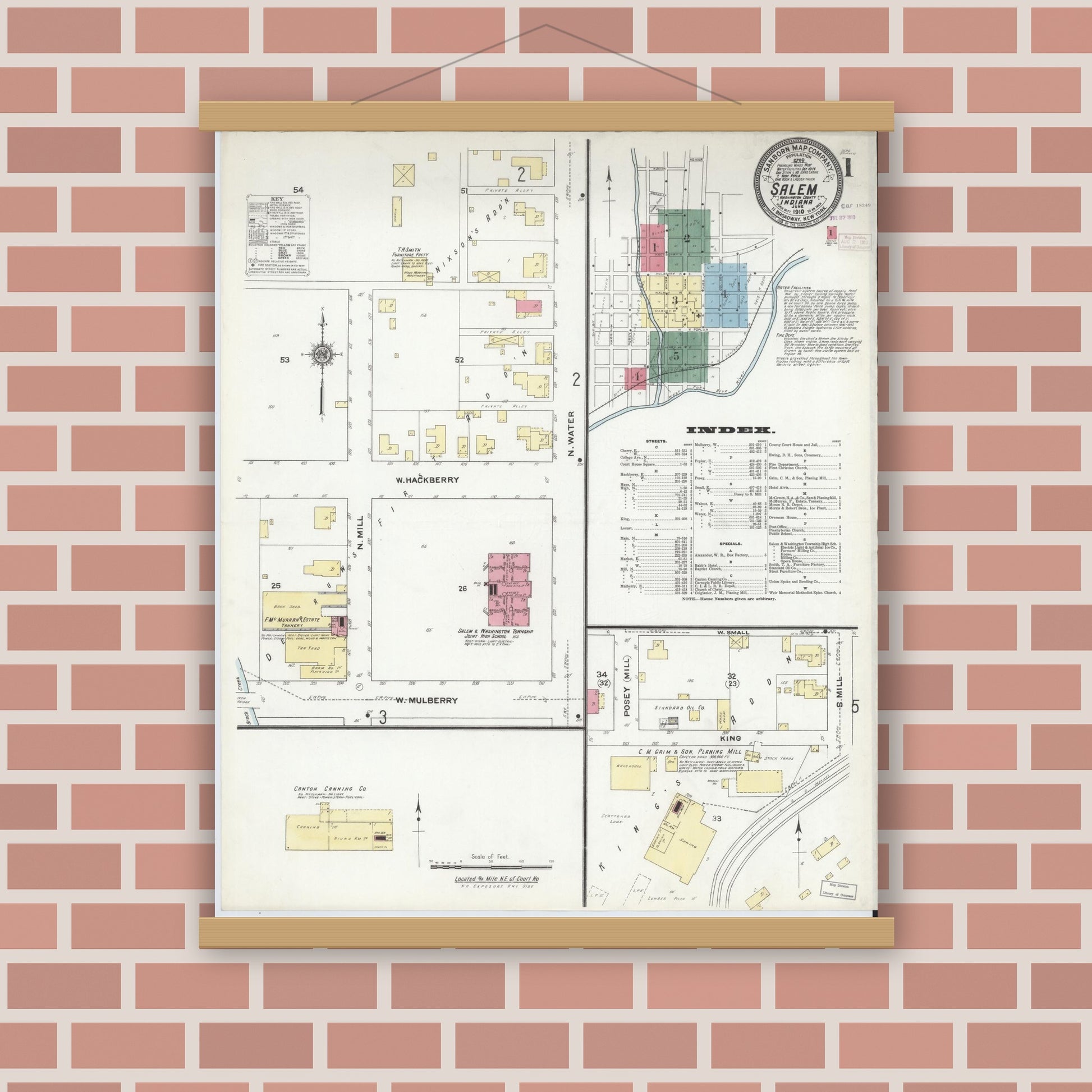 Old map wall art mockup — magnetic wood frame on brick wall — Sanborn Fire Insurance Map from Salem, Washington County, Indiana (1910), Sheet #0001